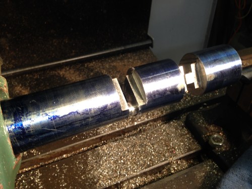 Making a start on the second big end. There is a block of steel loctited in the first big end so it is not bent when the workpiece is compressed between centres while the other big ends are machined. The second big end is yet to be finished on the lathe.