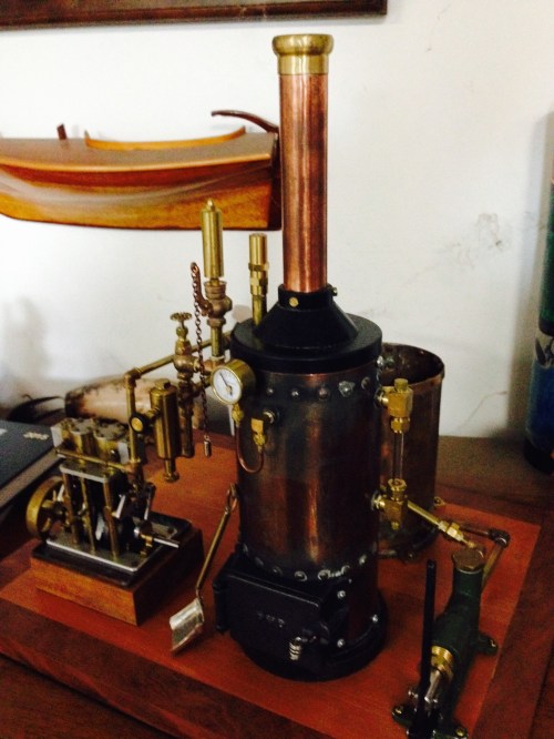 Vertical boiler, twin cylinder engine,  condensing tank, and boiler pump.