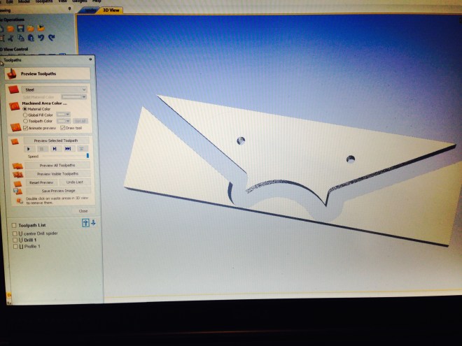 Simulation of the process, using VCarve pro. Again, not essential, but it is fun. I use an iphone App called FS Wizard to calculate the feeds and speeds.