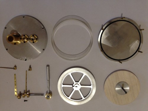 Most of the components of the coffee cup engine. 