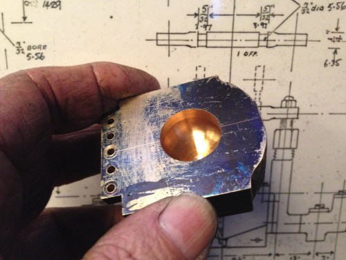 The end result. The complex cavity was initially centre drilled, drilled then bored to size. Then the home made tool was used to machine the undercut cavity. It worked perfectly!